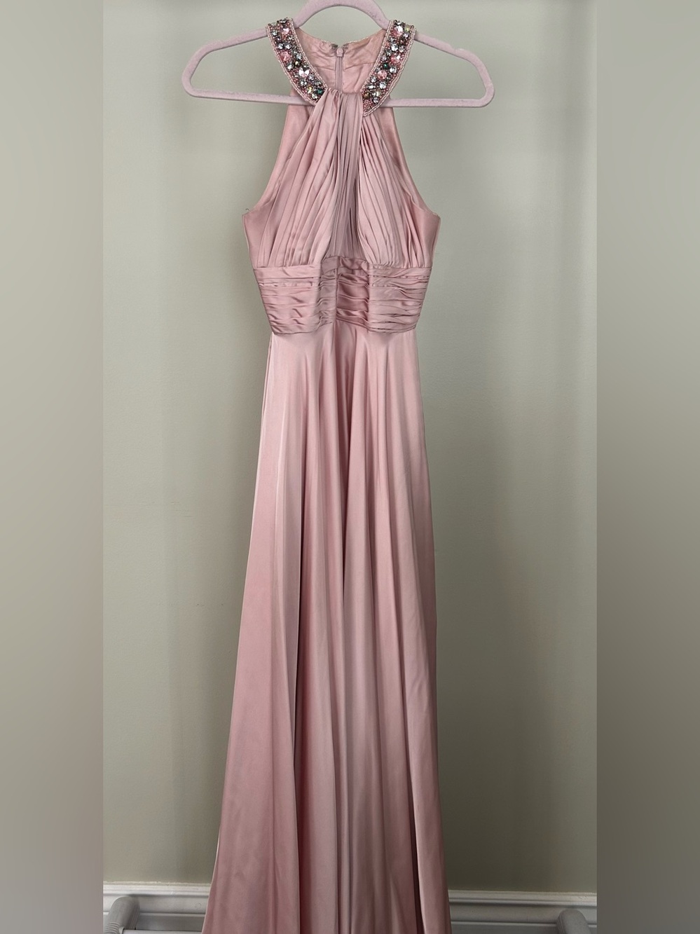 May Queen Blush Pink Halter Pleated Prom Dress